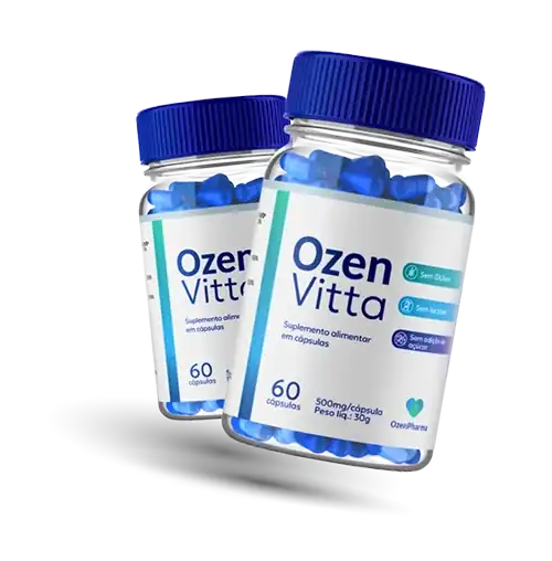 Frasco do suplemento alimentar Ozen Vitta com 60 cápsulas sobre fundo neutro