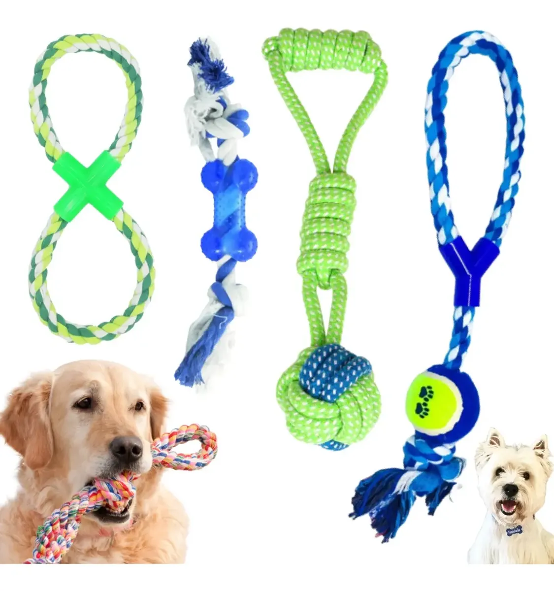 Review of the 4-piece dog rope toy kit for chewing, tug play, puppies, strong dogs, daily enrichment, and supervised interactive use.