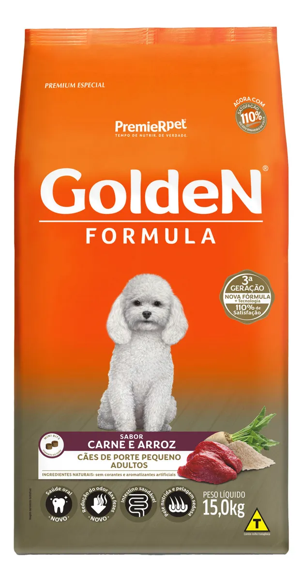 Review da Golden Formula Mini Bits Carne e Arroz 15kg para cães adultos de pequeno porte, com benefícios, limitações e perfil ideal de uso.