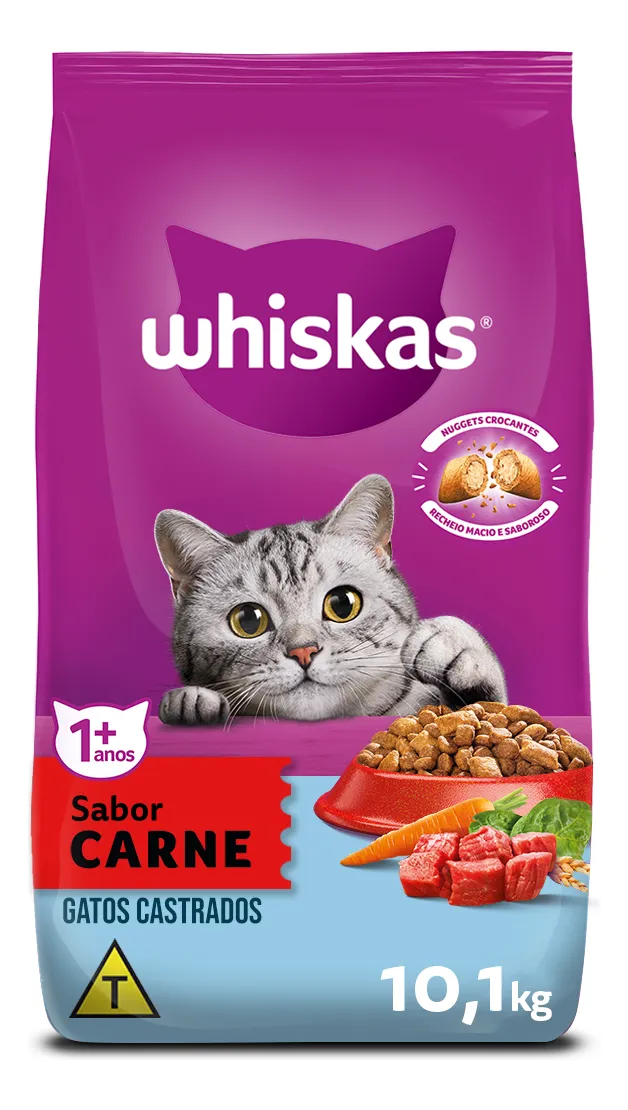 Review da ração Whiskas para gatos adultos castrados sabor carne 10,1 kg, com pontos fortes, cuidados e perfil de uso ideal.
